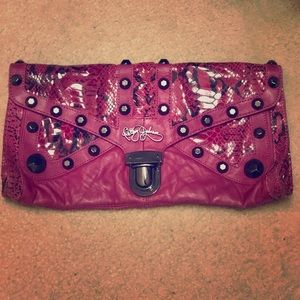 Pink clutch with rinestone and buckle detail
